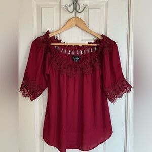 By & By Burgundy Lace Accent Off-Shoulder Blouse Fairy Whimsical Size Medium
